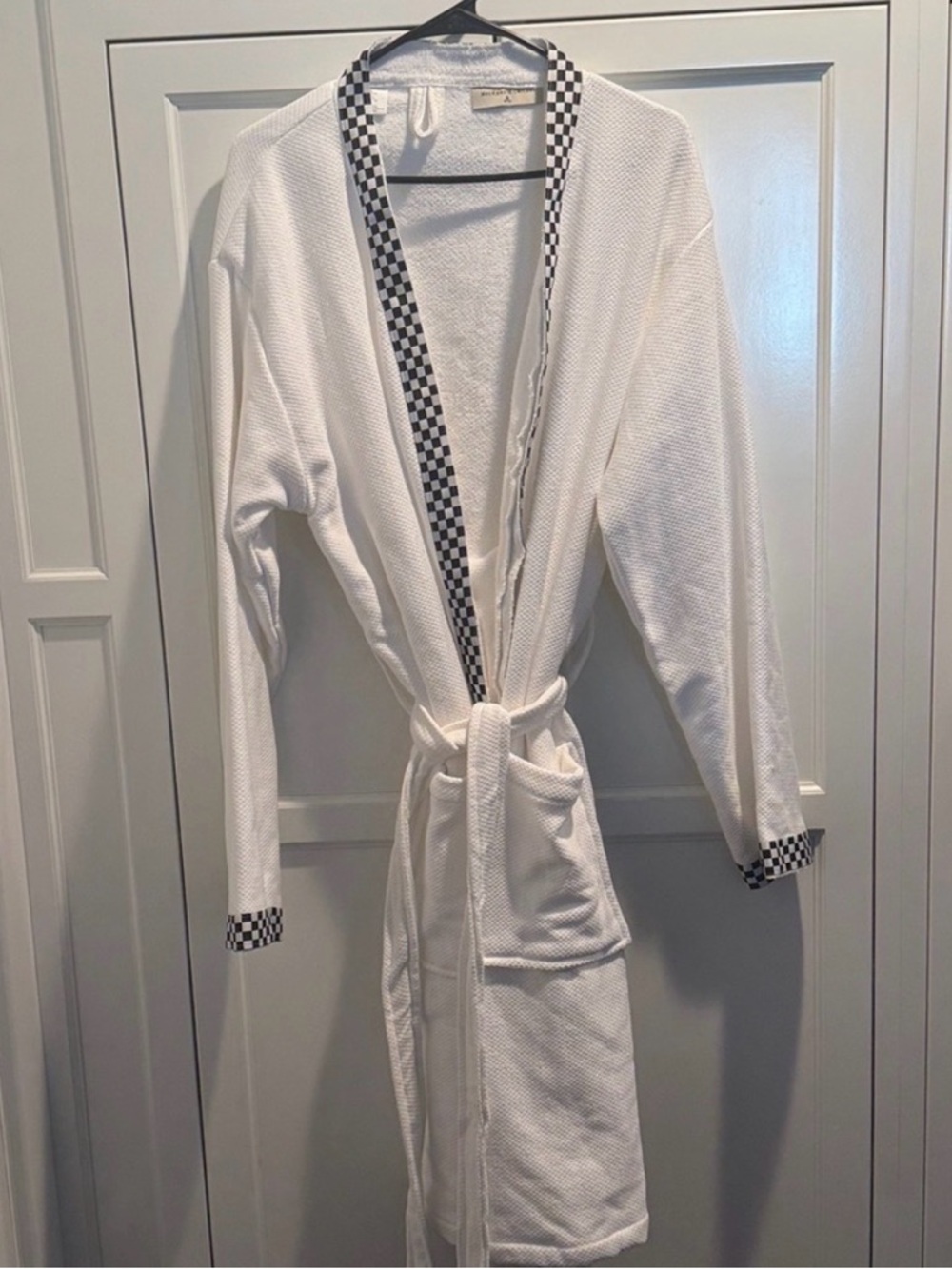 MacKenzie-Childs Medium White Waffle Robe with Black Checker Trim